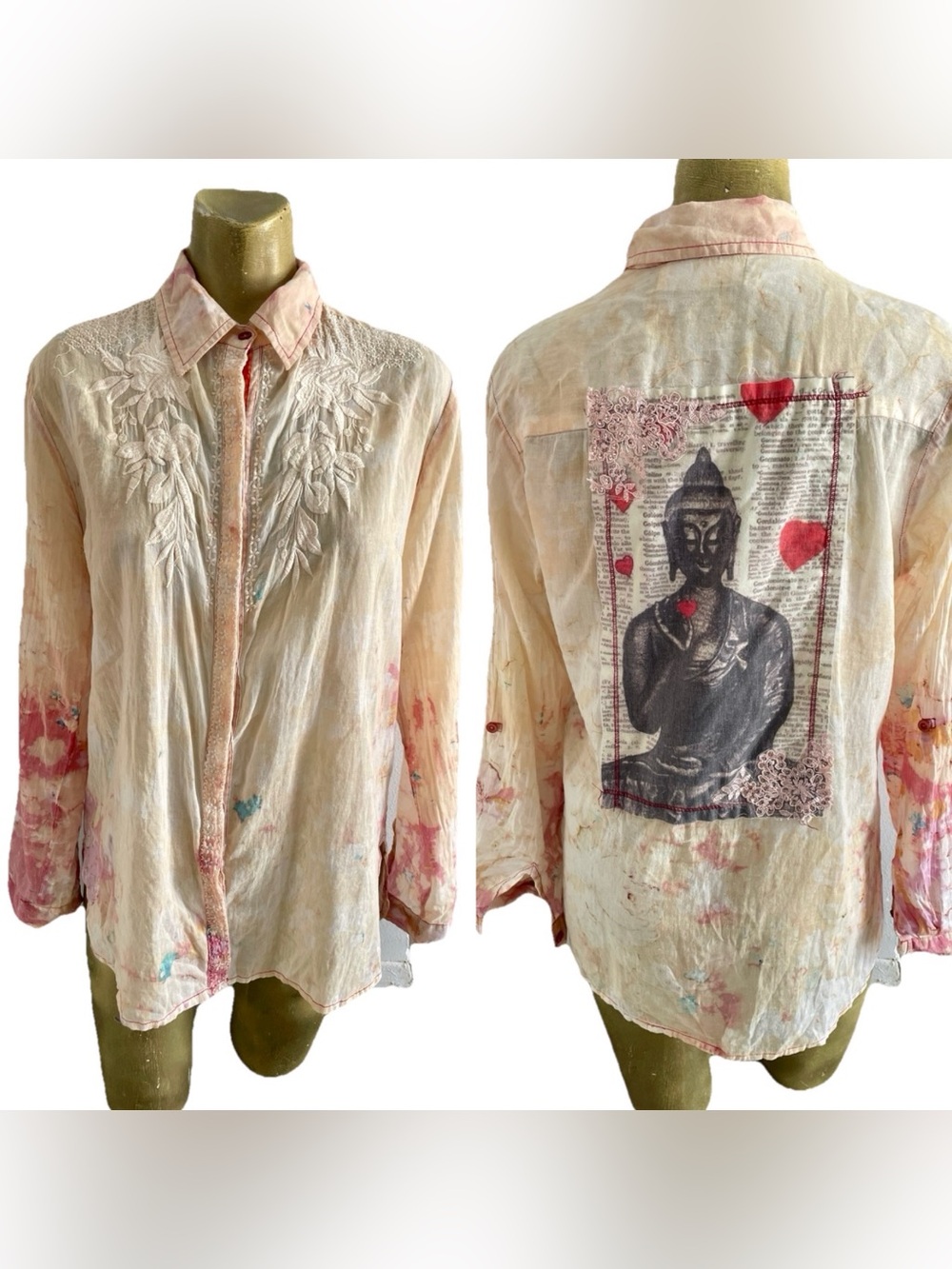 THE NEW VINTAGE Upcycled EMBROIDERED tie-Dye Cotton Button-Down SHIRT Top Size M